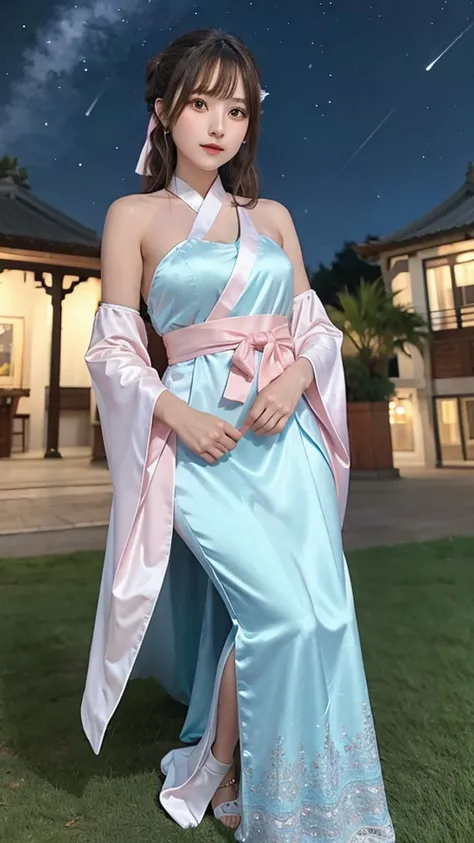 (highest quality，masterpiece), Beautiful teenage girl, Beautiful Goddess, ((Period costume, Hanfu, One Shoulder)), Beautiful hair accessories, night, Starry Sky, Cold Light, (pink, Cyan, White), ((From below)), ((Full Body Lesbian)), ((Realistic))