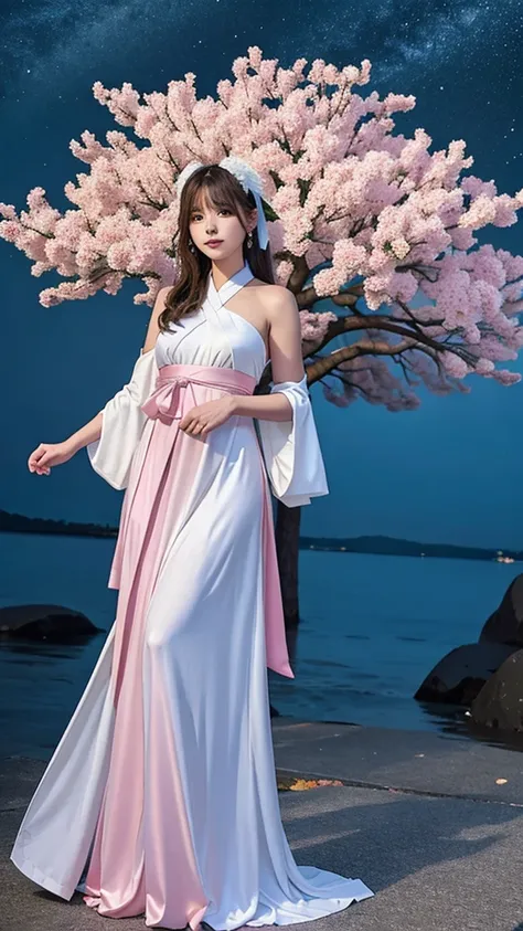 (highest quality，masterpiece), Beautiful teenage girl, Beautiful Goddess, ((Period costume, Hanfu, One Shoulder)), Beautiful hair accessories, night, Starry Sky, Cold Light, (pink, Cyan, White), ((From below)), ((Full Body Lesbian)), ((Realistic))