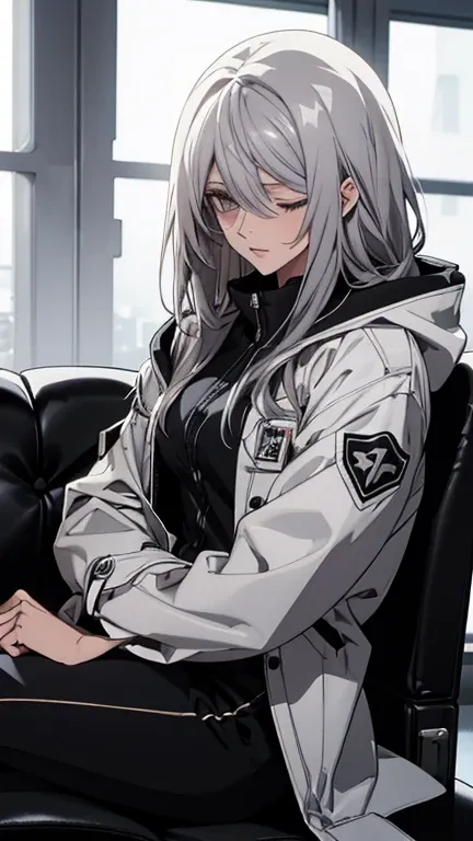 (Confused, High resolution, Very detailed), 1 female, Silver Hair,Long Hair,Black and white pilot suit,white hooded coat,Black Pants,Knee-high boots,24th generation,beauty,mature,thin,quiet,Calm,Sleeping,Sitting cross-legged,conference room,sofa