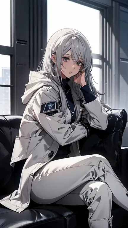 (Confused, High resolution, Very detailed), 1 female, Silver Hair,Long Hair,Navy and white pilot suit,white hooded coat,Black trousers,Medium Boots,24th generation,beauty,mature,thin,quiet,Calm,Sleep,Sitting cross-legged,conference room,sofa