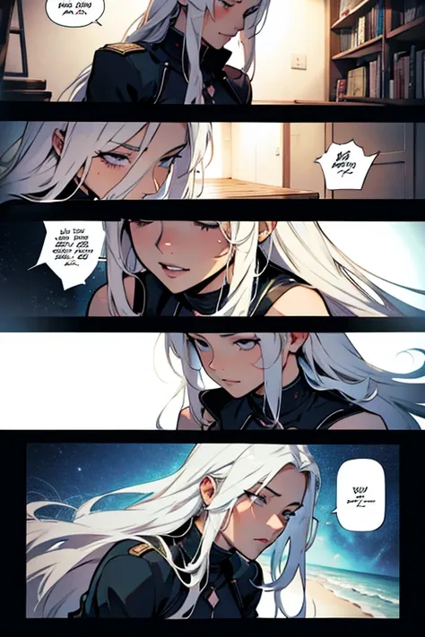 Girl with long white hair, erotic sex scenes, manga page with panels and dialogue 