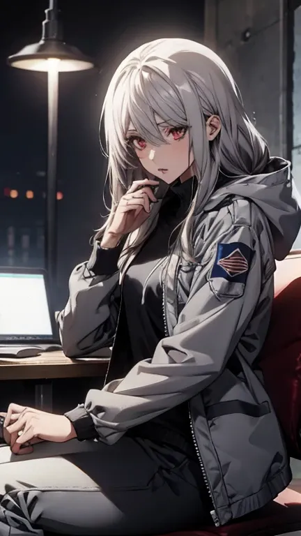 (Confused, High resolution, Very detailed), 1 female, Silver Hair,Red Eyes,Long Hair,Navy and white pilot suit,Charcoal hooded coat,Black trousers,Medium Boots,24th generation,beauty,mature,thin,quiet,Calm,,Sitting cross-legged,conference room,sofa,Work wi...