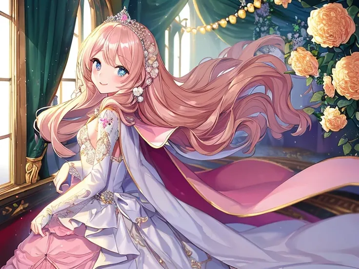 (kawaii),(best quality),(ultra detailed),(rococo style),(long train pastel pink cape:1.15), very long cape,(long train white ball gown with flower decorations:1.1), a girl is wearing a cape over her gown, 1 little princess, tiara, smile, very long hair, sm...