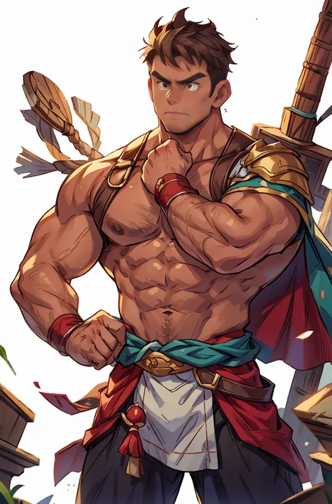 向观众炫耀Thick arms，Close-up of weapons，Show your shoulders，Thick arms，highest image quality，Men，，1 boy，young and beautiful，exhibit，brown hair，Short straight hair，Dark Skin，cartoon，cartoon壁纸，Solitary，Male focus，Chest muscle expansion，outstanding,(Main part, be...