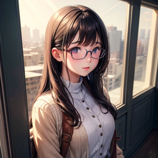 (highest quality, masterpiece), One girl, Speckled sunlight, indoor, Glasses, shy, 1 girl, Young girl, (It gives me goosebumps:0.7), Beautiful Face, (eyeliner, lipstick:0.9), 4K, 8k, 超High resolution, High resolution, detailed background, background