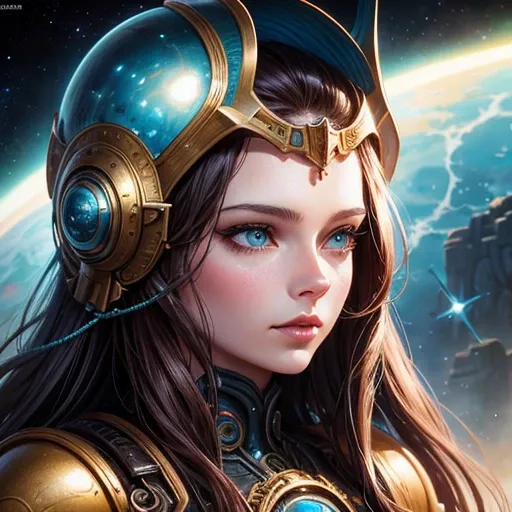 Wearing a helmet、Close-up of a woman wearing science fiction, Boris Vallejo and Tom Bagshaw, Prophet graphic novel, Space Relic, Inspired by Earl Norem, Deep Dream, Awarded at cgsociety, She looks a bit like Amy Adams, Golden Turquoise Steampunk, 2070  