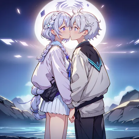 man and woman couple、the boy has short hair with a gradient of white and blue、couple looking at each other and kissing、masterpie...