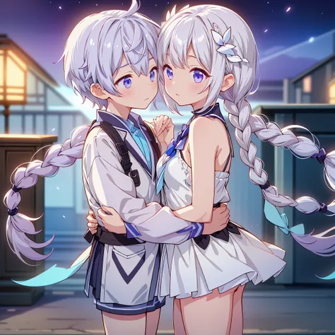 Man and woman couple、The boy has short hair with a gradient of white and blue、Couple looking at each other and kissing、masterpiece,Little,cute、Relaxed facial expression、sdcgsd、Milky white and purple gradient long hair、Double braid、Black and white diamond-s...