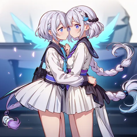 Man and woman couple、The boy has short hair with a gradient of white and blue、Couple looking at each other and kissing、masterpiece,Little,cute、Relaxed facial expression、sdcgsd、Milky white and purple gradient long hair、Double braid、Black and white diamond-s...