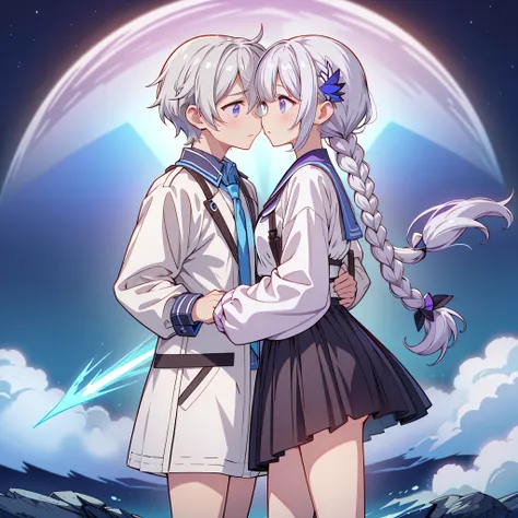 man and woman couple、the boy has short hair with a gradient of white and blue、couple looking at each other and kissing、masterpie...