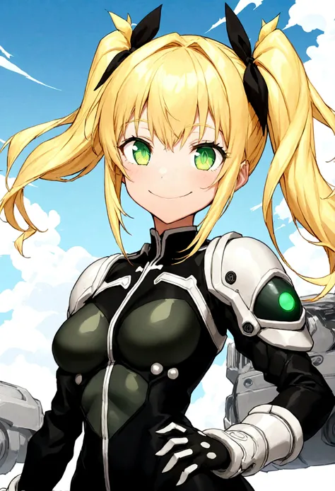 Anime Style, (1 girl), Kikor Shinomiya, (Kaiju 8), Blonde, Spread horizontally_Twin tails, Black Ribbon, ((Beautiful detailed eyes, Slanted Eyes, Green Eyes)), Beautiful detailed lips, ((Stylish outfit_A battle suit made from monster muscle fibers:1.2, Bla...