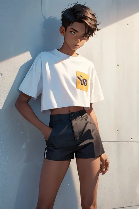 Teenage boy-model 16 years old, the boy is wearing a cropped shirt and too very much short mini shorts, the boys legs are long and beautiful, his legs are very tanned, hot summer, top quality