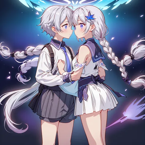 man and woman couple、the boy has short hair with a gradient of white and blue、couple looking at each other and kissing、masterpie...