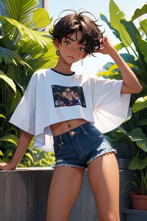 Teenage boy-model 16 years old, the boy is wearing a cropped shirt and too very much short mini shorts, the boys legs are long and beautiful, his legs are very tanned, hot summer, top quality