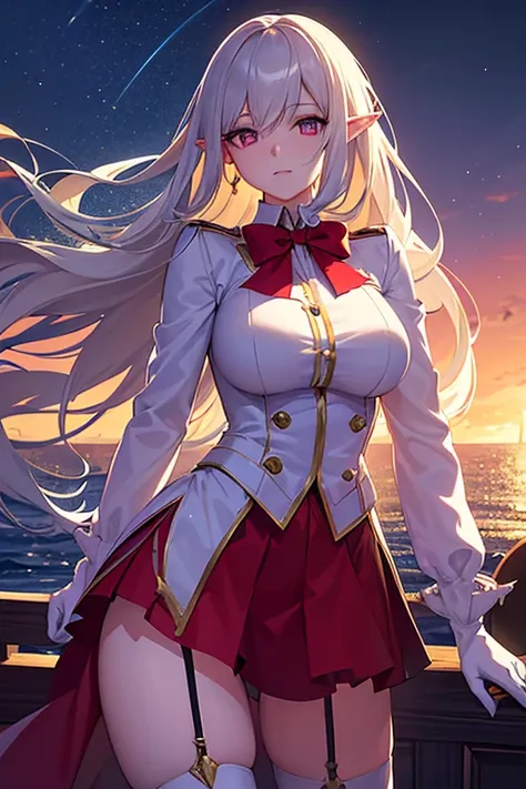 (((masterpiece, best quality, HD, High Detail)))), ((((fantasy))), one, (Elf Woman)))), (White skirt with gold embroidery), (Long straight blond hair), (Lustrous dark green eyes), (White ruffle top with gold embroidery), Large target, (((On the deck of a s...