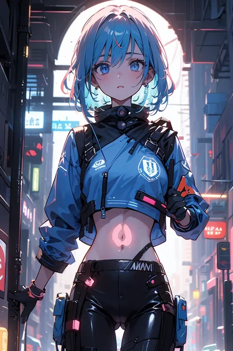 (masterpiece), (highest quality), Ultra-high resolution, Sharp focus, ((1 female, alone)), whole body, Cyberpunk Theme, Beautiful detailed hair, Light blue hair, long hair hangs down, Beautifully detailed face, ((Beautifully shaped eyes, Blue Eyes)), Perfe...