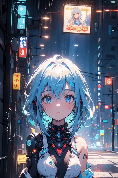 (masterpiece), (highest quality), Ultra-high resolution, Sharp focus, ((1 female, alone)), whole body, Cyberpunk Theme, Beautiful detailed hair, Light blue hair, long hair hangs down, Beautifully detailed face, ((Beautifully shaped eyes, Blue Eyes)), Perfe...