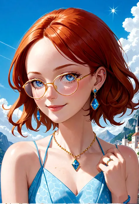 A stunning fashion portrait captures the essence of Clotilde, a 40-year-old redhead with a unique, captivating style. Her crop-cut hairstyle, half-shaved head, and freckles exude charm and individuality. Bold red-orange triangle eyeglasses frame her striki...