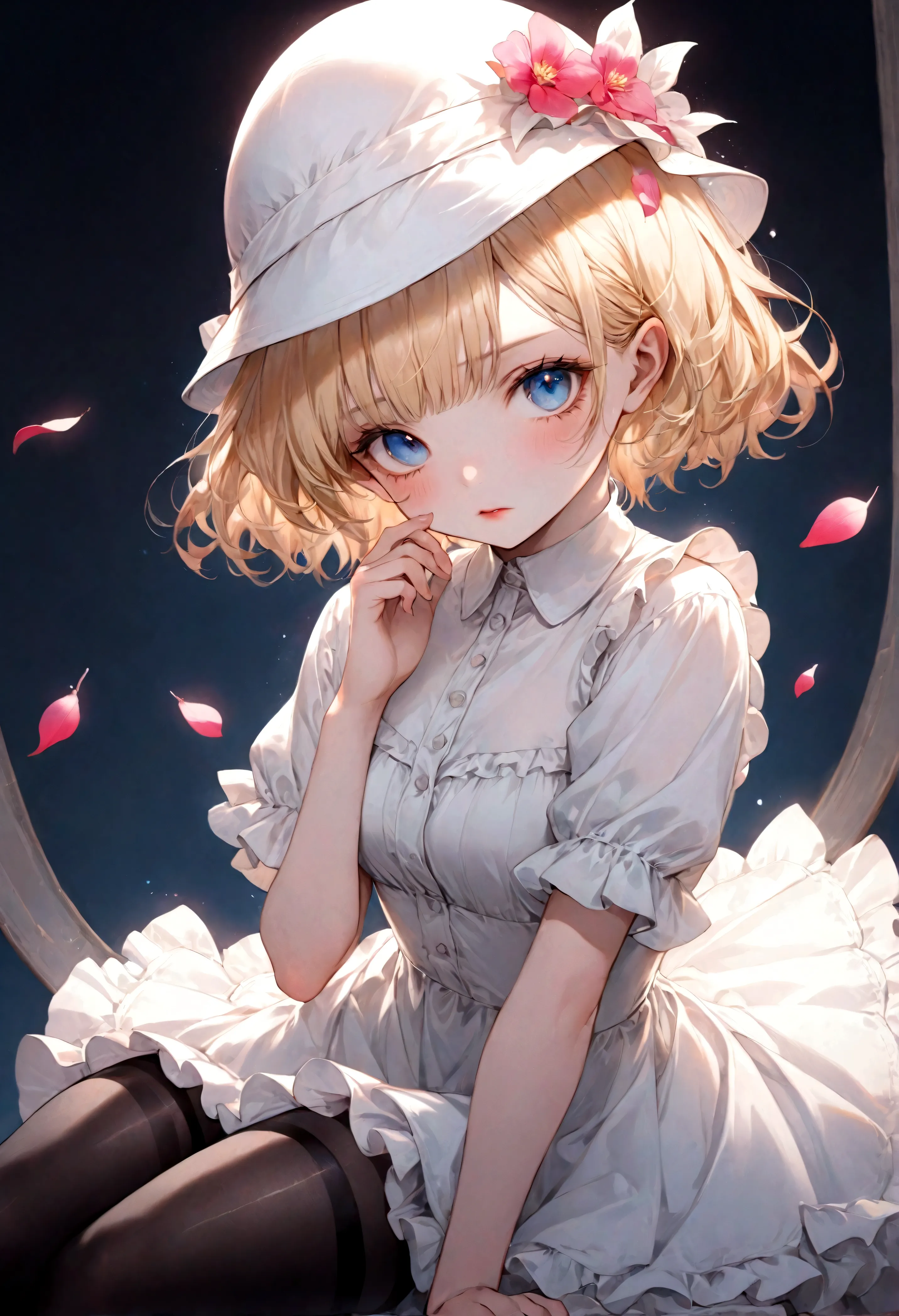 best quality, super fine, 16k, incredibly absurdres, extremely detailed, delicate and dynamic, beautiful and adorable lady, blonde messy wavy short hair, bluntly bangs, captivating look, aroused expression, wearing pure white no-slave frilly miniskirt dres...