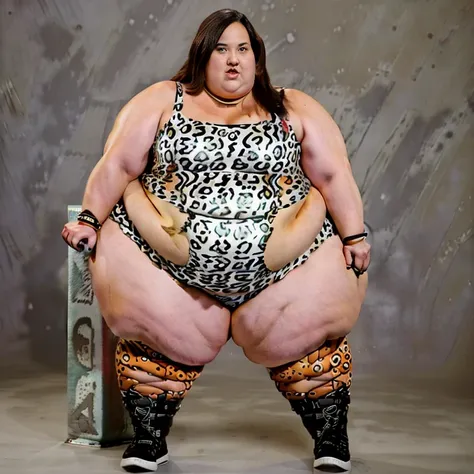 Ssbbw extremely morbidly obese solo Aj Lee full body alone wearing a leopard dress