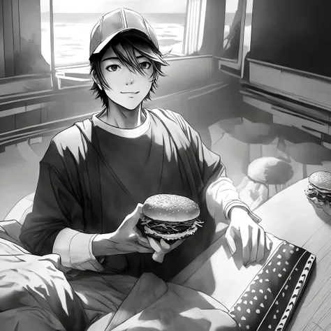 Anime boy sitting on bed with burger in hand, black and white manga style, Kentaro Miura&#39;s Manga Art Style, Makoto Shinkai. Digital Rendering, Makoto Shinkai and artgerm, Kentaro Miura&#39;s manga style, Makoto Shinkai style, Eating a hamburger, Eating...