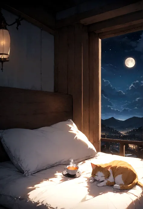 Cat sleeping on pillow, steaming tea, ,A window with a beautiful view, Night Sky, moon.