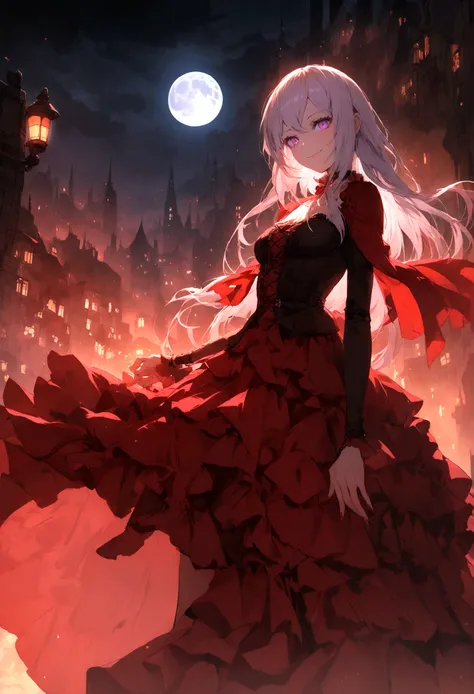 Girl,vampire,Lilith, black long haircut, purple eyes, smile, red dress, ghotic city, moon