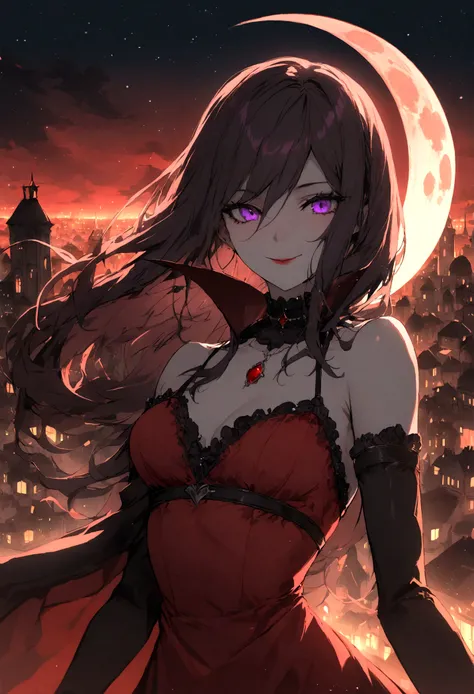 Girl,vampire,Lilith, black long haircut, purple eyes, smile, red dress, ghotic city, moon