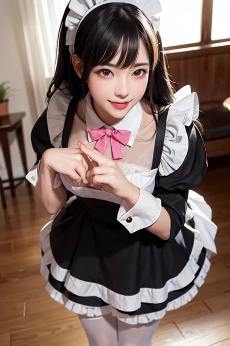 
Close-up of a woman wearing a maid outfit, smile, laughter, making a heart with hands, pink and white costume, masterpiece, realistic, sharp focus, (realistic:1.3), ultra high res, 8k, RAW photo, best quality, detailed shadow, amazing, finely detail, shar...