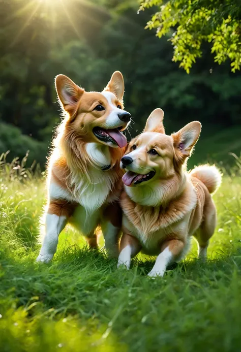 A lovely corgi and a golden retriever playing together on a lush green meadow, sunlight streaming through the trees, (best quality,4k,8k,highres,masterpiece:1.2),ultra-detailed,(realistic,photorealistic,photo-realistic:1.37),beautiful detailed eyes,beautif...