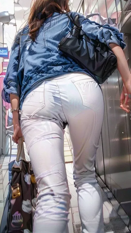 Photographed by a professional photographer, UHD, accurate, masterpiece, anatomically correct, textured skin, high details, best quality, 8k、A woman carrying a bag is coming down the escalator., tight denim jeans, Dirty UHD Hidden Photos, wear tight, simpl...