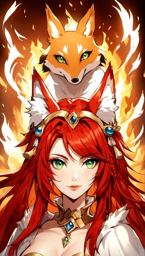 a close up of a woman with red hair and a fox, a beautiful fox lady, foxgirl, orange skin and long fiery hair, green eyes, magali villeneuve, graphic artist magali villeneuve, ginger hair and fur, inspired by Magali Villeneuve, in style of anne stokes, red...