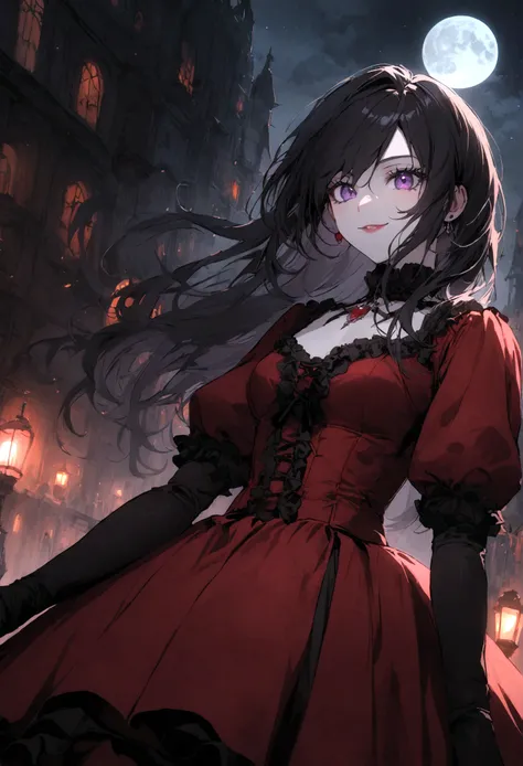 a beautiful vampire girl with long black hair, purple eyes, and a smile, wearing a red gothic dress, in a dark gothic city with a full moon in the night sky