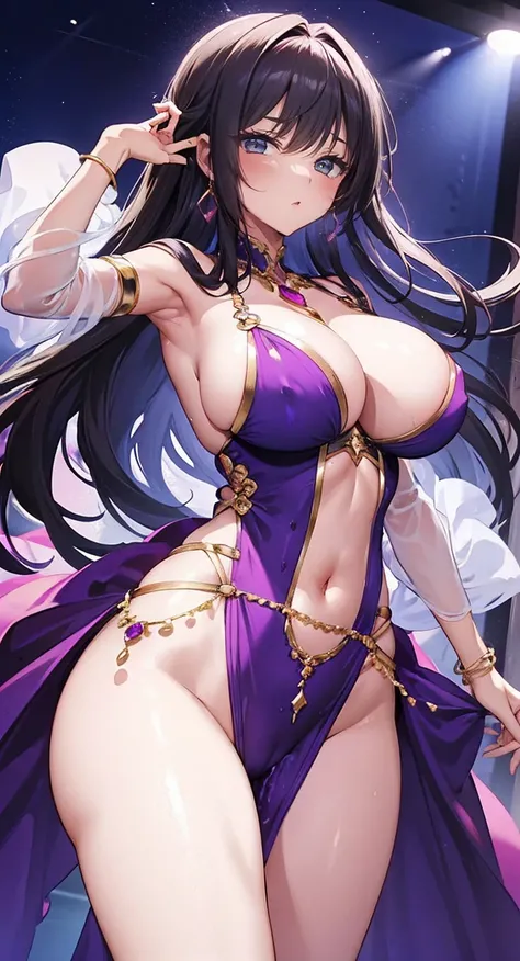 4k.high resolution,one woman,big tits,Hime,purple arab dancer dress,Navel expulsion,red gold bracelet,Gemstone Earrings,Jeweled clothing,queen&#39;s crown,Inside the palace, I saw bulging nipples.,(large areolae:1.4,pink,The nipples are clearly visible...)...