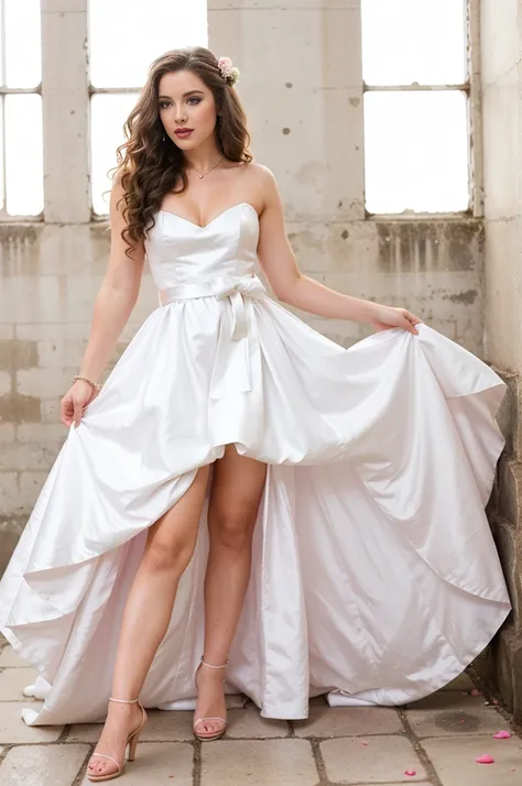 A woman in wedding gown with waist length curly hair, white glass high heels pink lipstick, puple eyeshadow, pink nail polish