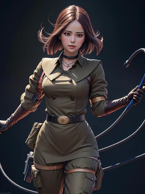 (masterpiece, best quality, high resolution, Unity 8k Wallpaper, Extremely detailed CG:1), (illustration:1.0), 1 Girl,Solitary, whip, Gloves, uniform, army, army ,belt, Necklace, Pants,