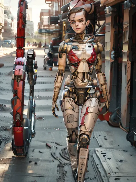 a bald cyborg emma watson, with loose wires, metallic skin, hoses, exposed torso, androidperson, mark brooks, david mann, robot ...