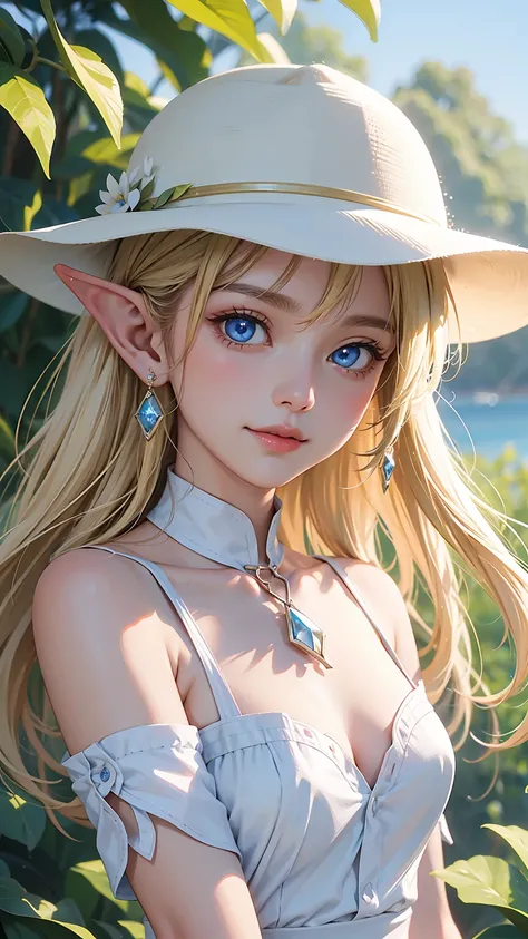 16k、masterpiece、High definition、High resolution、((Young Elven Woman))、((Beautiful white skin))、((Beautiful blonde))、((Sparkling blue eyes))、((Pointed Ears))、Smiling Kindly、blush、Sleeveless white shirt、Wear a straw hat、clear blue sky、Look at me、((Close up o...