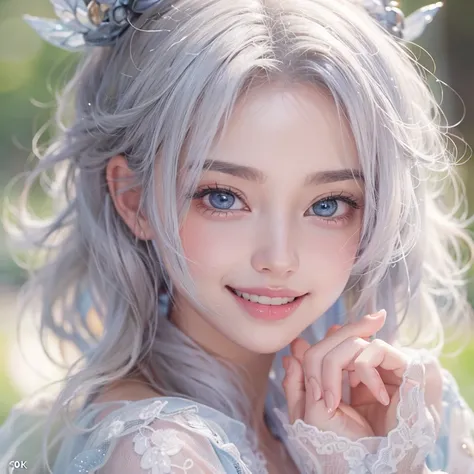 (masterpiece:1.3), (8k, Realistic, RAW Photos, Best image quality: 1.4), Fair-skinned fairy woman、short hair、Cleavage:2.0、Highly detailed face、Attention to detail、double eyelid、Sharp focus:1.2、Beautiful woman:1.4、Silvery white hair、highest quality、masterpi...