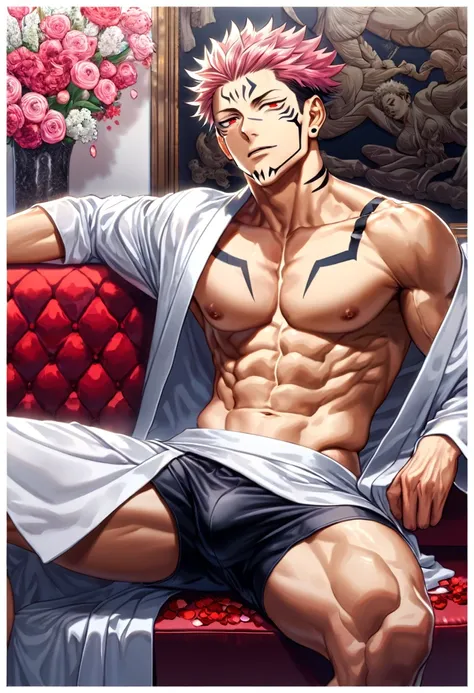 absurdres, highres, ultra detailed, HDR, master piece, best quality, perfect face, Ryomen Sukuna, pink hair, expressive red eyes, jujutsu kaisen, solo, sexy man, handsome, toned chest, horny, sensual, erotic, white haori, black boxers, couch, sitting, flow...