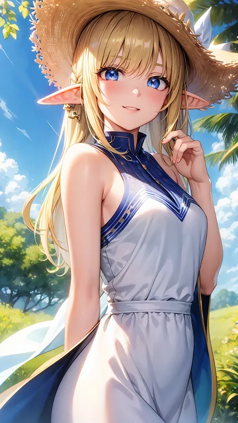 16k、masterpiece、High definition、High resolution、((Young Elven Woman))、((Beautiful white skin))、((Beautiful blonde))、((Sparkling blue eyes))、((Pointed Ears))、Smiling Kindly、blush、Sleeveless white shirt、Wear a straw hat、clear blue sky、Look at me、((Close up o...