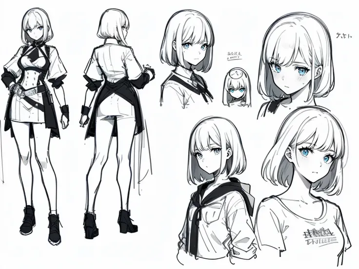 ((masterpiece)),(((highest quality))),((((sketch)))),((Monochrome)),(Character design sheet), same characters, front, ~ side, return), figure, 1 girl, hair color, bangs, Hairstyle Fax, eye, Environmental change scene, Hairstyle Fax, Pose Jitai, woman, Shir...