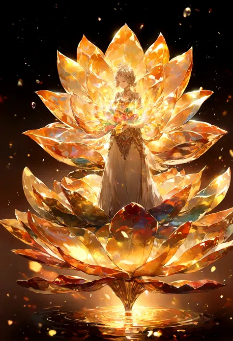 Enlightened Mind, Orange to gold red tones. About the Rainbow Lotus Flower, And floats transparently, Clear water, Light transparent gold gradient background. Golden energy flowed from the core of the flower..