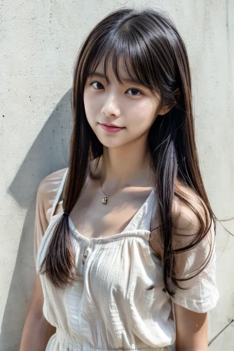 (Highly realistic photos, High resolution, Detailed face, Fine Eyes), ((Photographed in front of a white wall))、Japanese women, 20-year-old, Tear bags,A little dark, alone:1, Slim figure, ponytail, Casual clothing, one in the photo、See through、Photographed...