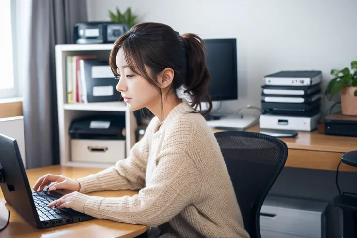 Office lady operating a computer at her desk、One Girl, Serious Cover、Brown Hair、ponytail