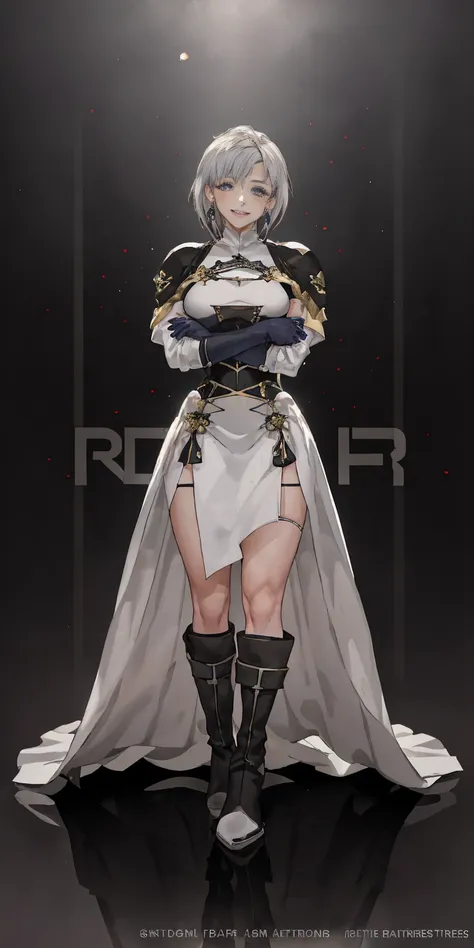 (((1 girl))) short hair, earings ,glossy lips ,team rocket uniform, red letter R, white skirt, white crop top, black thigh-high boots, black elbow gloves, evil smile, looking at viewer, cowboy shot, arms crossed, full body photo Mercedes von Martritz (Fire...