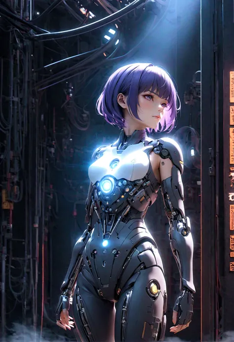 《Ghost in the Shell》Kusanagi Motoko，Female Transformation Cyborg，Highly detailed、Surrealism、Lighting、dramatic、Tenacity、Melancholy、Neon、Glowing energy aura、Strong expression、Mechanical Parts、Cyberpunk style、advanced technology、Futurism、Volumetric Fog、Dynami...