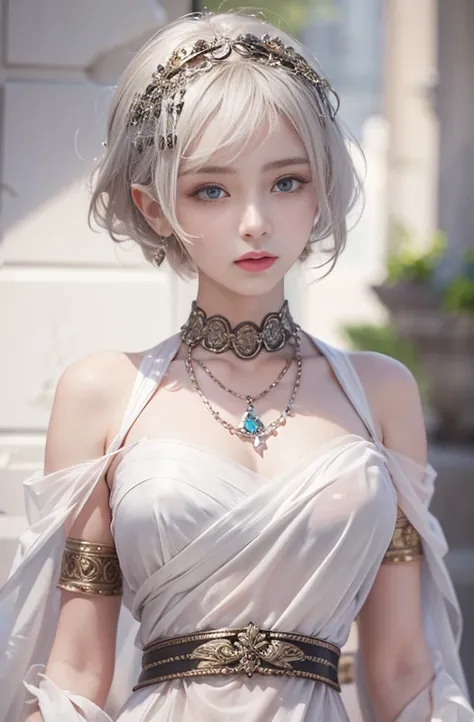 18-year-old, Close up portrait of woman in Ancient Greek clothing、Shoulders out、thin、Serious expression、Short-haired、Deadly position, Gorgeous Necklace, Light milky porcelain skin, Smooth, Translucent white skin, Enchanting anime girl, Beautiful and seduct...