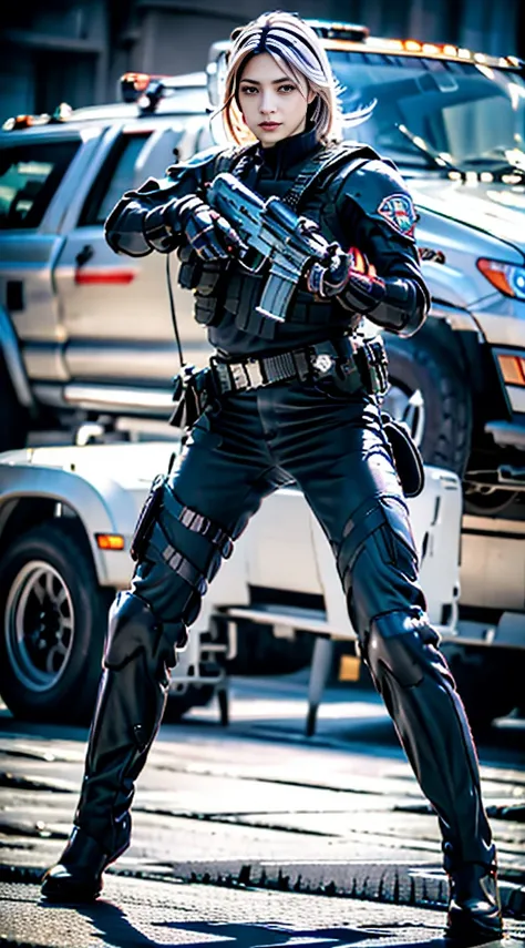 Photorealistic, high resolution, 64k,Extremely, 1womanl, Solo, combat action, view the viewer, (Detailed face), White hair,black SWAT vests, automatic rifle Gun, jewelry,detailed boots, detailed fingers, perfect details anatomy, Full body shot, 