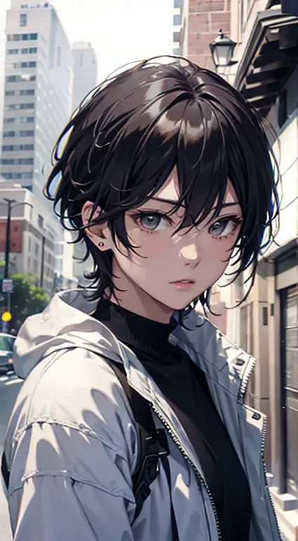 (Absurd、High resolution、Very detailed、Hmph)、masterpiece、highest quality、male 、alone、good looking、short hair、Grey fur eyes and detailed face、Casual clothing、True Shadow、joy、Connect your ears、Upper Body